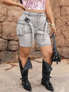 SHEIN SXY 大码女式弹力牛仔工装短裤，修身弹力牛仔短裤 - 淺灰色 - 查看 3