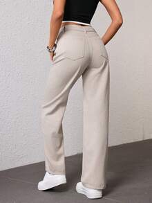 SHEIN EZwear Women's Pocket Button Casual Versatile Daily Wear Wide Leg Jeans - Light Grey - View 2
