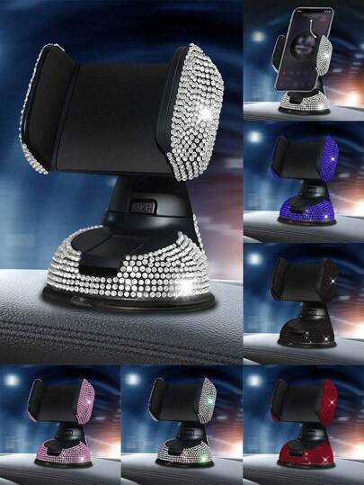 1pc Rhinestone Studded Car Phone Holder, Suction Cup Rotation Mount Smartphone Stand For Car Navigation Compatible With IPhone, Android Phone, Gift For Birthday, Family, Friends Car Accessories