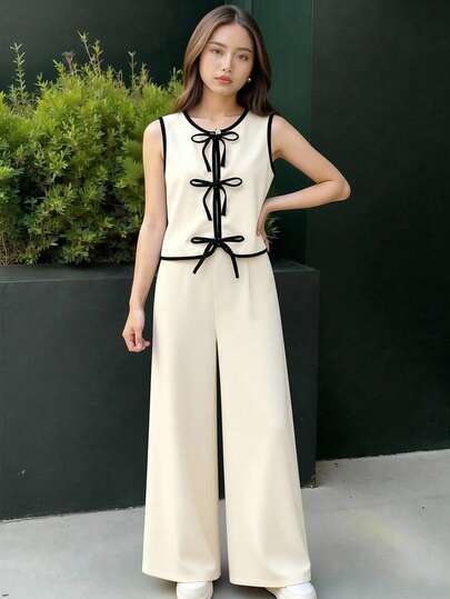 Elladie kids 2pcs/Set Girls Casual Open Front Contrast Color Detachable Bow Decor Cropped Tank Top & Long Pants Set, Vacation Wear Spring/Summer