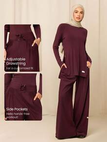 GLOWMODE X Reem Modest All-Day Ease Cooling Quick-Dry Sun Protection Adjustable Drawstring Waist Slip Pockets Wide-Leg Pants Training Running Workout Gym Daily - Purple - View 4