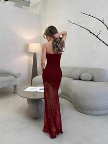 Jemour Elegant Romantic Date Night Sexy Party Black Lace Strapless Bodycon Irregular Hem Lace Patchwork Maxi Dress, Spring/Summer, Suitable For Valentine's Day, Wedding Season - Burgundy - View 2