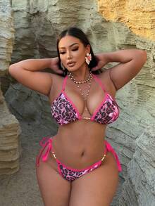 SHEIN Swim Curve 大码女式多色印花露背吊带背心式上衣，侧边系带泳裤，性感休闲沙滩度假泳装套装 - 彩色 - 查看 3