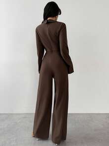 Firerie 女士优雅休闲连体裤，适合日常、通勤、办公穿着，咖啡棕色长袖垂褶领口收腰设计，宽松直筒裤型，适合春夏穿着，也可作为教师服、户外活动和度假装束。 - 咖啡棕 - 查看 3