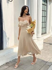 Serisse Đầm nghỉ mát gợi cảm hở lưng, dây mảnh, dài ngang gối dành cho nữ. - Màu be - Xem 8