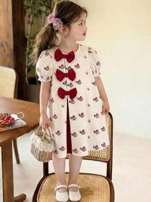SHEIN LMoss Kids Young Girl Ditsy Floral Elegant Puff Sleeve Dress,Kids - Black and White - View 4