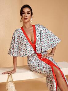JIAN LASALA All-Over Print Color Block V Neck Capelet Women Maxi Dress With Slit Summer Vacation Boho Elegant - Multicolor - View 6
