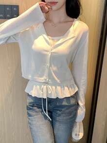 DAZY Women's Spaghetti Strap Top With Ruffle Trim & Casual Jacket 2 Pieces Set - White - View 4