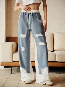 Anewsta 女士休闲嘻哈街头风做旧拼接白色运动裤 - 藍白色 - 查看 6