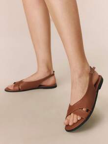 Styleloop Women's Shoes Buckle Crossed Trim Flat Sandals Holiday Travel Essential Boho Cowgirl Outfit Coachella - Brown - View 5