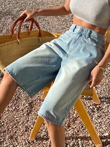 Livesso 女士高腰口袋阔腿宽松休闲牛仔短裤 - 藍色 - 查看 5