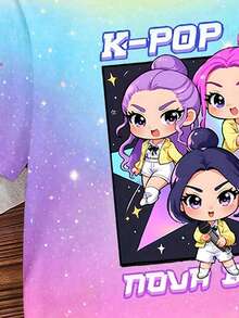 Áo thun ngắn tay cổ tròn in họa tiết hoạt hình K-POP hình ngôi sao, phối màu, thích hợp cho bé gái mặc hàng ngày và đi nghỉ mát, mùa xuân/hè/mọi mùa. - Hồng - Xem 4