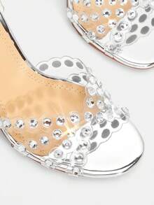 Glitzique Women Rhinestone Decor Stiletto Heeled Ankle Strap Sandals, Party Glamorous Silver Solid Outdoor PVC Heeled Sandals Valentines - Silver - View 8