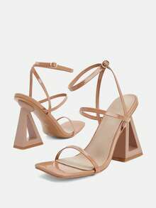 Glitzique 女士方头高跟夏季凉鞋，新款不对称高跟露趾高跟鞋，舒适时尚系带高跟鞋，杏色 - 杏色 - 查看 7