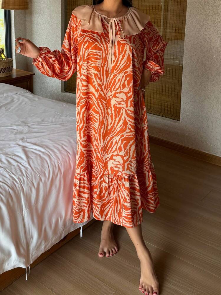 Charming Resort Style Animal Print Pattern Ruffle Trim Women Nightgown