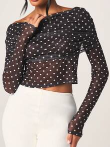 MISSGUIDED Off Shoulder Mesh Polka Dot Long Sleeve Crop Top With Sheer See Through Design For Date Night Party - Multicolor - View 1