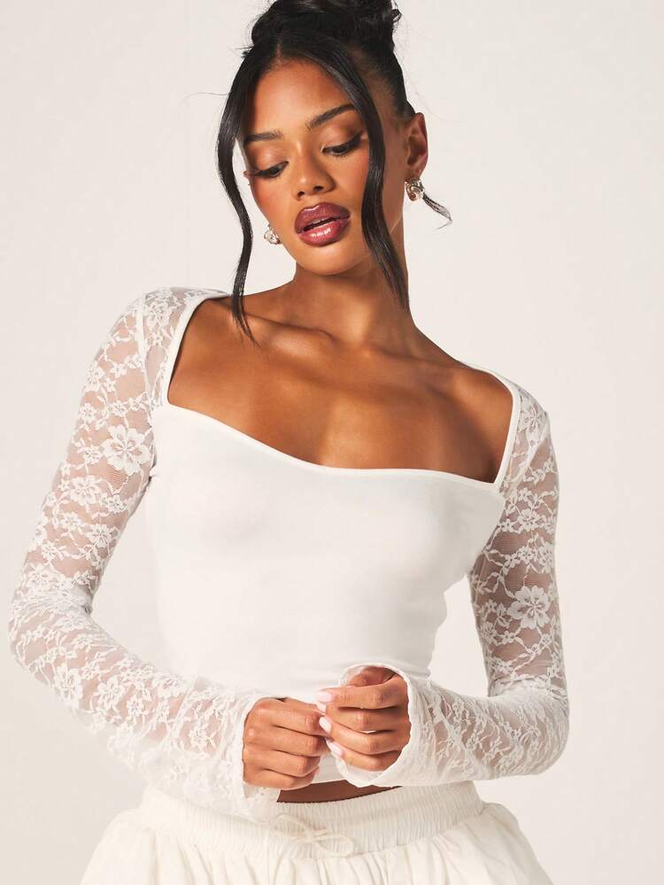 MISSGUIDED Lace Long Sleeve Sweetheart Neck Crop Top Feminine Party Date Night Spring Summer