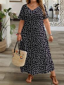 EMERY ROSE Plus Size Women Casual Minimalist V-Neck Short Sleeve Dress, Suitable For Summer - Multicolor - View 1