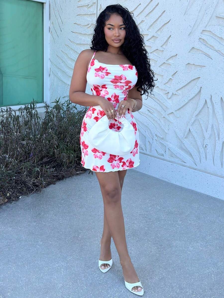 Alexandranx Casual Red Floral Print Pattern Spaghetti Strap Short Dress, Suitable For Summer Vacation Suitable For Going Out Chic Dress Party - Multicolor - View 1
