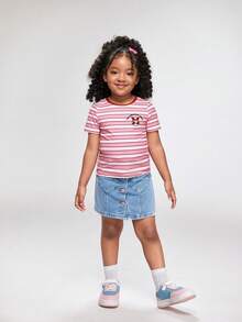 THE POWERPUFF GIRLS X SHEIN 女童圆领条纹字母卡通印花休闲百搭日常短袖T恤 - 彩色 - 查看 5