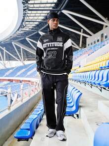 EVRINFINITE 男士半拉链/四分之一拉链卫衣，黑白拼接赛车号码图案印花，休闲四分之一拉链套头衫，秋季款，长袖上衣 - 黑與白 - 查看 6