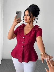 Elenzga Plus Size Women's New V-Neck Bow Design Button Front Solid Color Woven Fabric Elegant Refined Young Versatile Fitted Short Sleeve Blouse - Burgundy - View 6