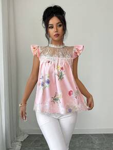 Elenzga 女士春夏波西米亚浪漫风衬衫，粉色热带花卉印花，白色蕾丝拼接，荷叶边袖口，宽松版型，适合婚礼宾客、约会、温泉度假、海滩旅行、休闲度假、通勤、日常休闲居家穿着。 - 粉色 - 查看 5