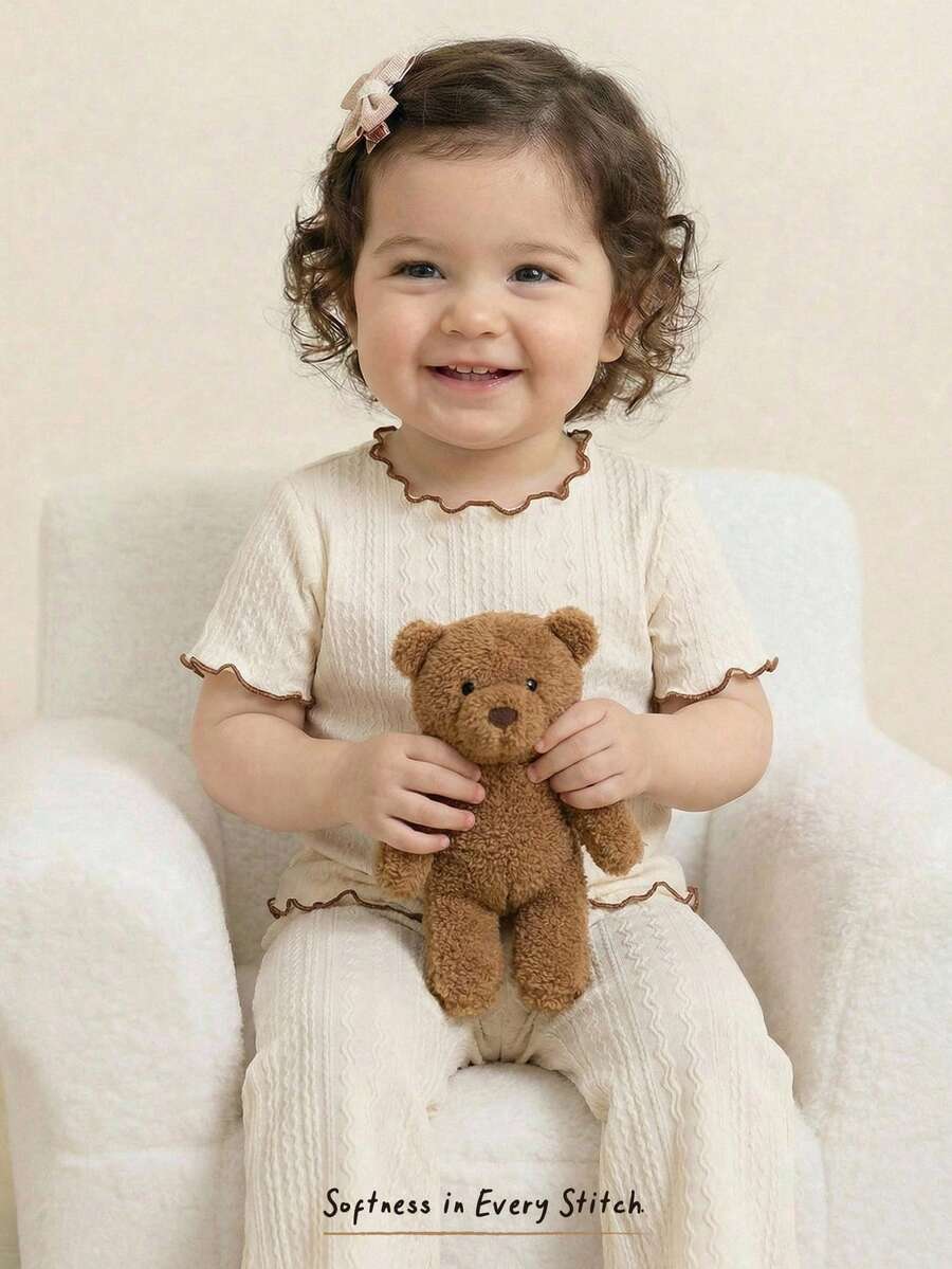 Cozy Pixies 2 piezas Conjunto de top con cuello redondo de manga larga y dobladillo con volantes y pantalones con cintura elástica acampanados para bebé niña, 2 piezas Conjunto de pantalón casual para bebé niña, Ropa de bebé unisex de dos piezas de bambú, 2 piezas Conjunto de pijama de estilo vintage lindo para bebé niña - Multicolor - Ver 1