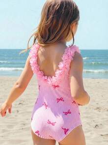 SHEIN Tween Girl Butterfly Striped Print 3D Floral One-Piece Swimsuit, Pink - Baby Pink - View 1