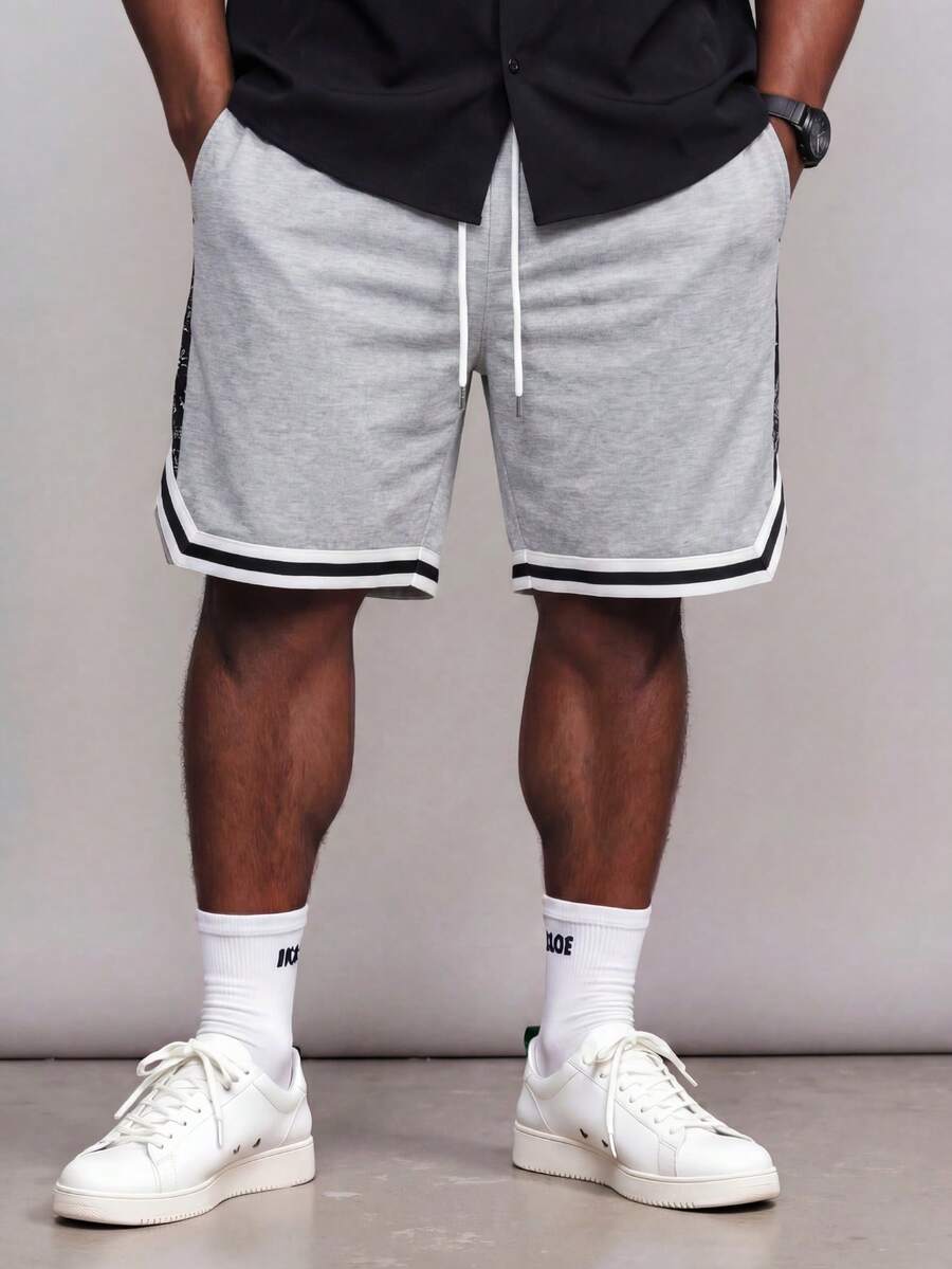 ResortEase Aesthetic Post--Men Plus Paisley Print Striped Trim Drawstring Waist Shorts - Light Grey - View 1