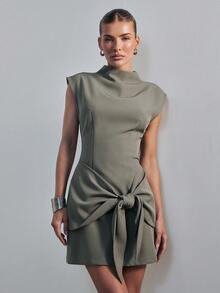 SHEIN Haute Women's Funnel Neck Minimalist Short Dress With Draped Tie - Light Grey - View 2