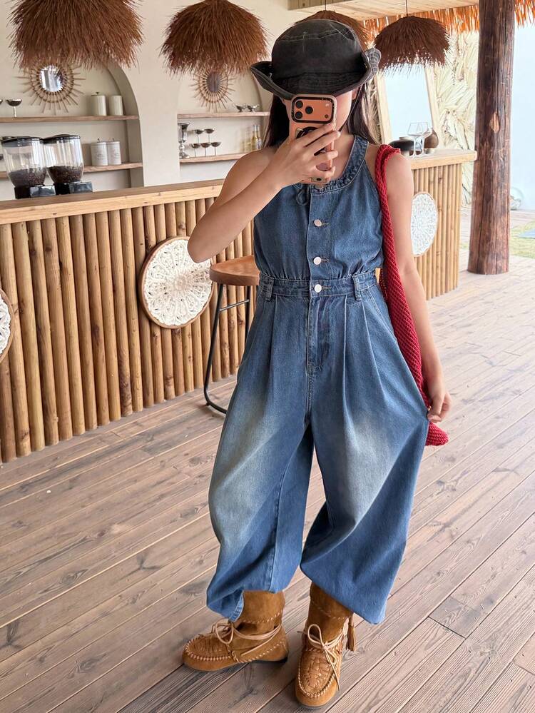 Tween Girls' Casual Halter Neck Denim Jumpsuit