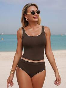 SHEIN Swim Lushore Swim Lushoire 新款女士纯色纹理面料方领贝壳边比基尼套装，沙滩泳装 - 咖啡棕 - 查看 3
