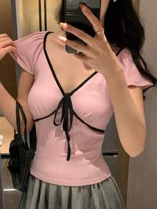 DAZY 女士夏季撞色系带腰短袖修身休闲套头T恤 - 粉色 - 查看 4