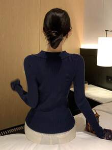 女士撞色蕾丝修身长袖套头毛衣 - 藏蓝色 - 查看 5