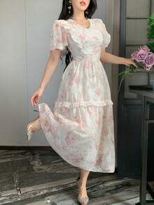 DAZY Gentle Lace Patchwork V-Neck Ruffle Hem Dress, Romantic Fairy Style, Summer Sundress - Baby Pink - View 6