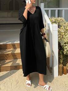 Dazy Plus V-Neck Solid Color Batwing Sleeve Long Plus Size Women Nightgown, Spring/Summer - Black - View 2