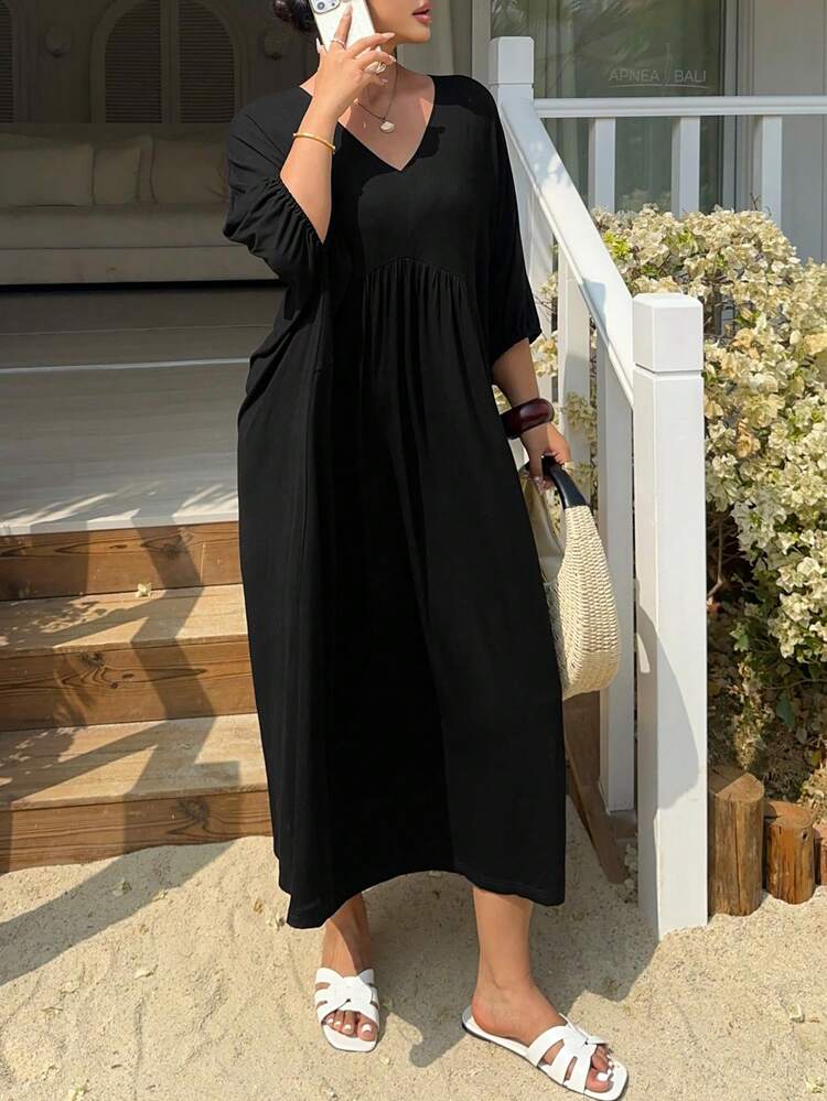 Dazy Plus V-Neck Solid Color Batwing Sleeve Long Plus Size Women Nightgown, Spring/Summer