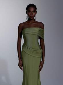 Elitara 优雅军绿色高弹针织不对称肩部褶裥不对称腰线鱼尾裙摆连衣裙，简约时尚，适合约会、婚礼、度假、海滩、单身派对、毕业典礼、女士晚礼服等场合。 - 軍綠色 - 查看 2