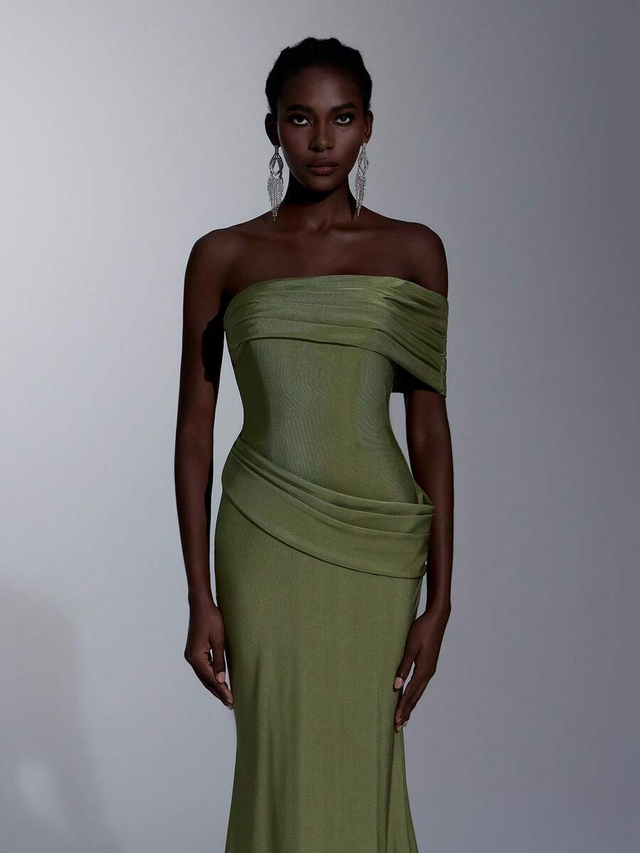 Elitara 优雅军绿色高弹针织不对称肩部褶裥不对称腰线鱼尾裙摆连衣裙，简约时尚，适合约会、婚礼、度假、海滩、单身派对、毕业典礼、女士晚礼服等场合。 - 軍綠色 - 查看 1