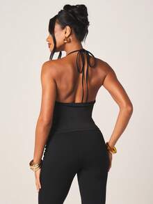 MISSGUIDED Women's Sleeveless Deep Plunge Halter Neck Backless Black Top With Tie Detail For Evening Party Occasions - Black - View 2