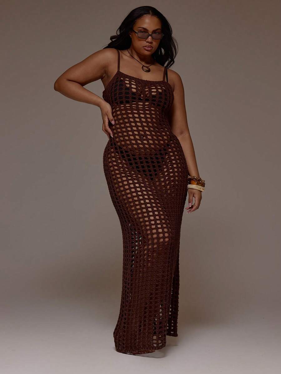 MUSERA Plus Size Open Crochet Knit Fitted Maxi Dress Cover Up Spring Summer Vacation Beach Holiday Cover Up Cute Ibiza Elegant - Coffee Brown - View 1