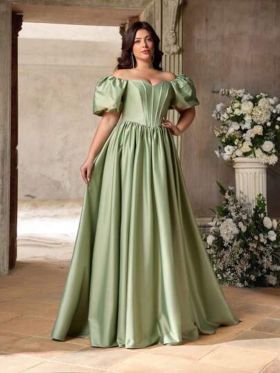 Aureia 大码优雅奢华露肩花瓣袖褶皱腰身A字型长裙，适合婚礼、派对、正式活动、宴会等场合。