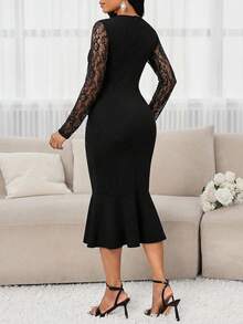 SHEIN Lady Đầm dài tay cổ tròn phối ren tương phản, dáng đuôi cá, thanh lịch dành cho nữ. - màu đen - Xem 3