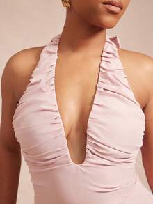 Vixey Solid Woven Ruched Halter Neck Balloon Hem Jumpsuit - Dusty Pink - View 5