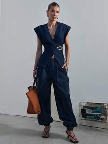 Hauture Áo sơ mi denim nữ kiểu quấn vai với chi tiết kim loại vàng, gợi cảm, phù hợp cho công sở. - Rửa tối - Xem 3