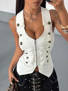 StreetHx Women's Summer Casual Button Decor Sleeveless Denim Blouse - White - View 3
