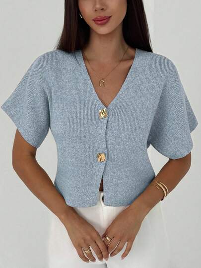 Aloruh New Minimalist Fashion Commuter Deep V-Neck Short Sleeve Thin Double-Button Cinched Waist Fitted Casual Cardigan