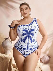 Swim Oasis 大码热带棕榈树印花时尚度假休闲修身不对称领长网纱裙连体泳衣套装 - 藍色 - 查看 5