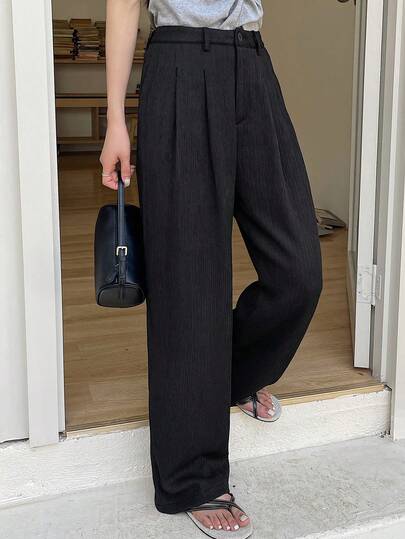 DAZY Quần ống rộng xếp ly màu trơn dành cho nữ, kiểu dáng thường ngày, đa năng, thích hợp mặc hàng ngày.